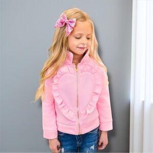 👚2/$10👗3/$12 Sparkle in Pink Heart Ruffle Zip Fleece Jacket Toddler Small 3T